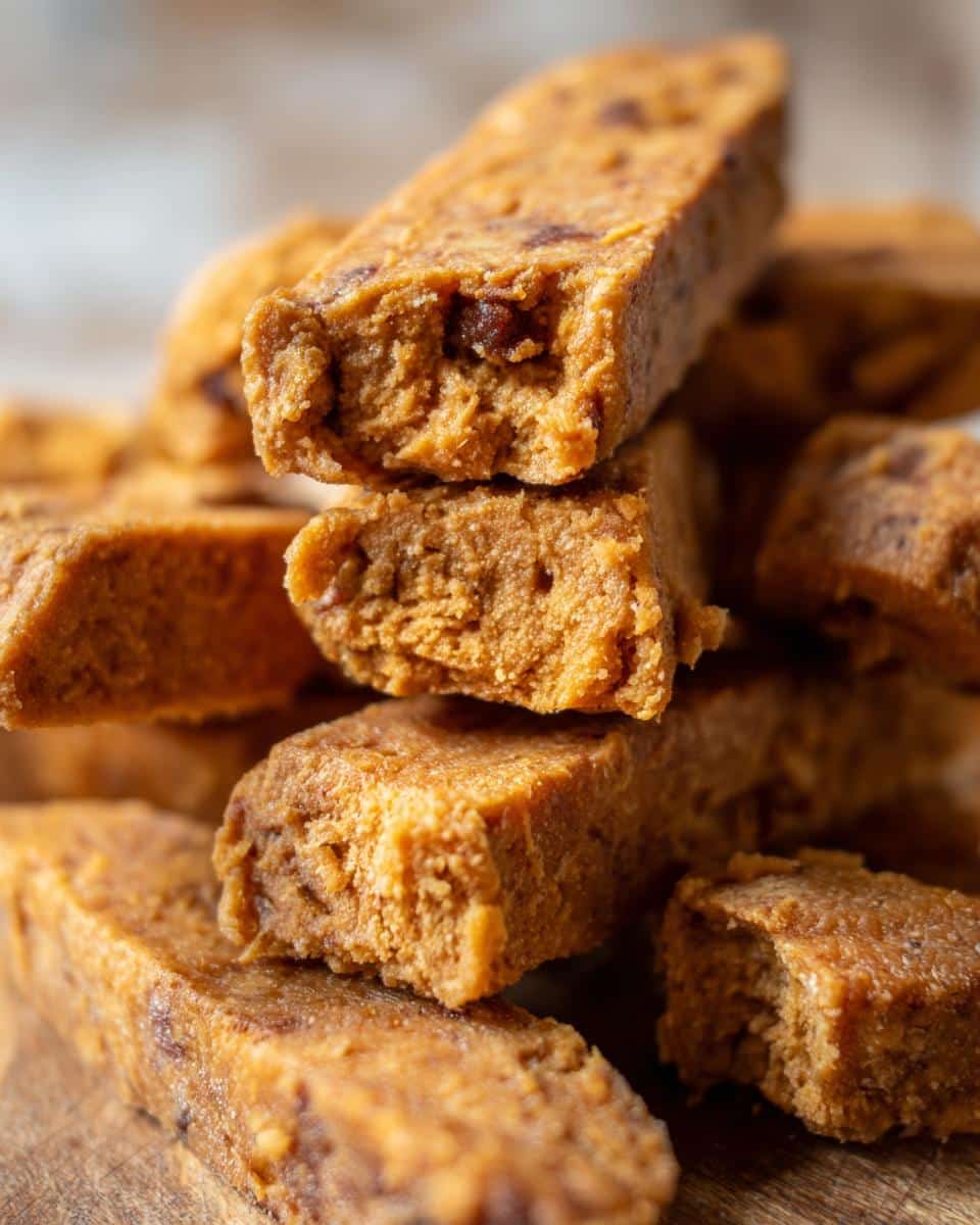 A stack of homemade Peanut Butter Chicken Broth Dog Treats, some with visible bite marks.