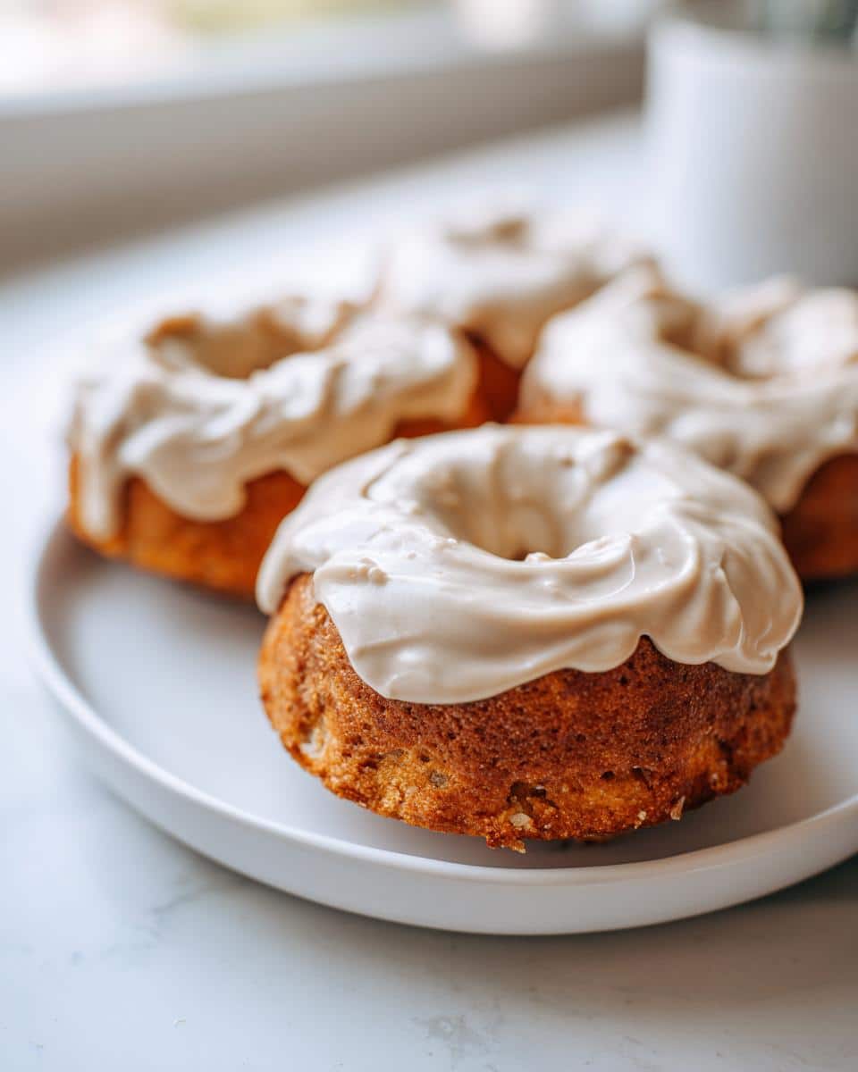 Close-up of peanut butter frosted dog donuts on a white plate. Dog Donuts Recipe (Peanut Butter).
