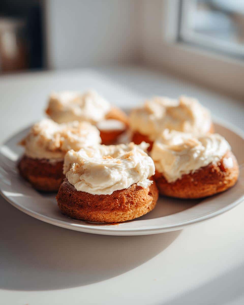A plate of peanut butter dog donuts recipe, topped with frosting, ready to serve to your furry friend.