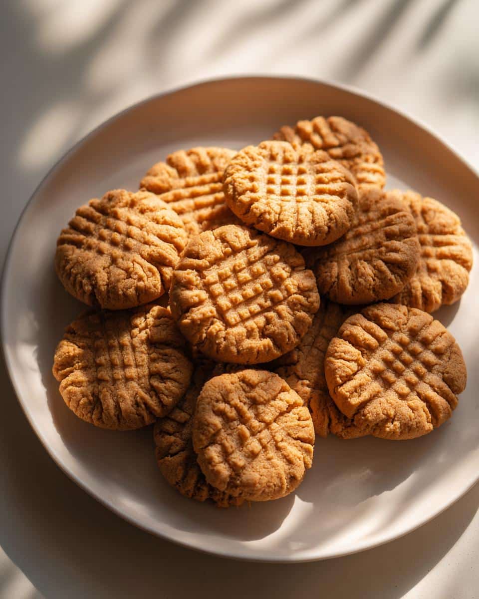 A plate of freshly baked Peanut Butter Dog Treats with a classic criss-cross pattern on top.