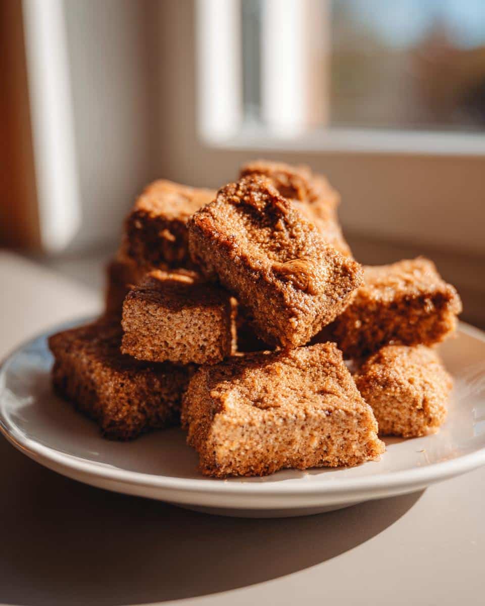 A stack of homemade Peanut Butter Dog Treats on a white plate, lit by natural light from a nearby window.