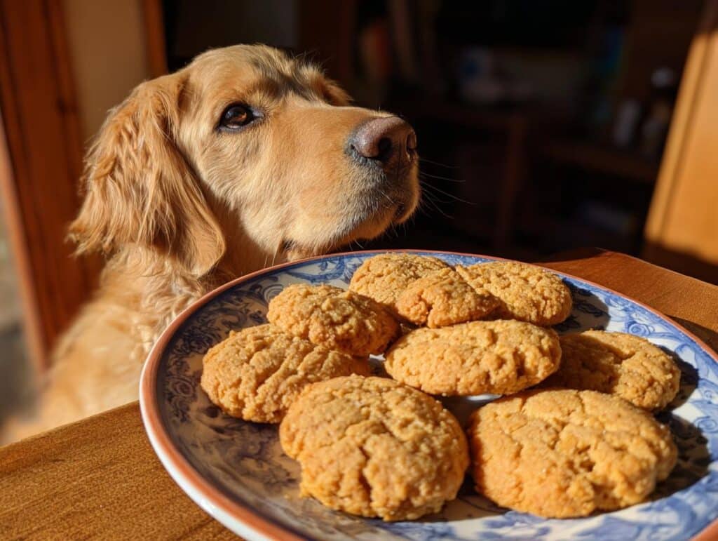 Golden retriever looking at a plate of Peanut Butter Honey Cookies – Recipe for Dogs.