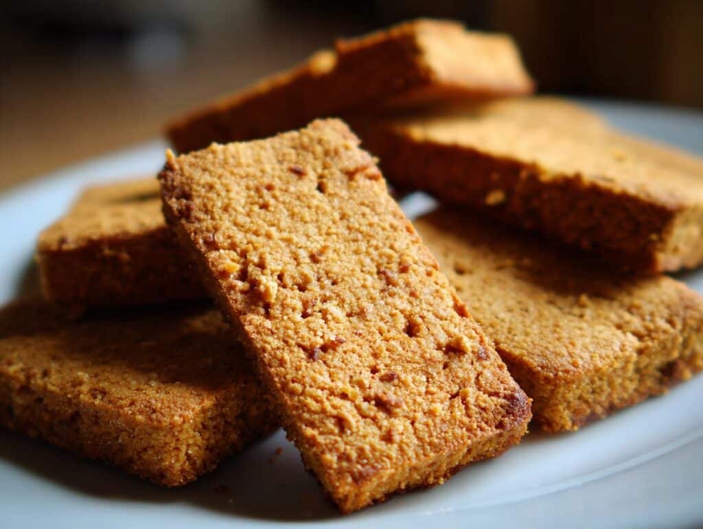 A stack of freshly baked Peanut Butter Honey Dog Treats on a white plate, ready to be served.