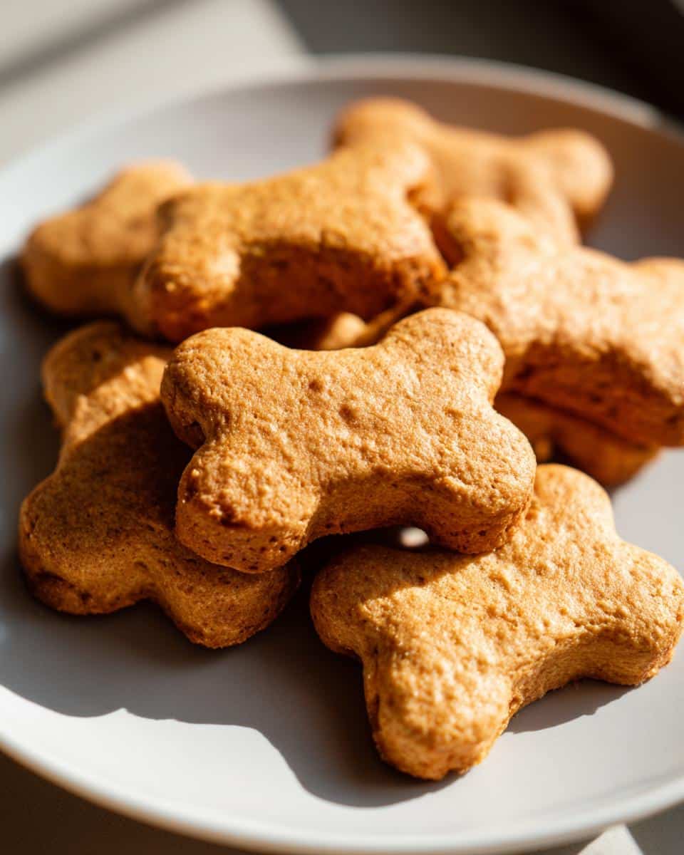 Pile of bone-shaped Peanut Butter Honey Dog Treats on a gray plate, ready to be enjoyed by your pup!