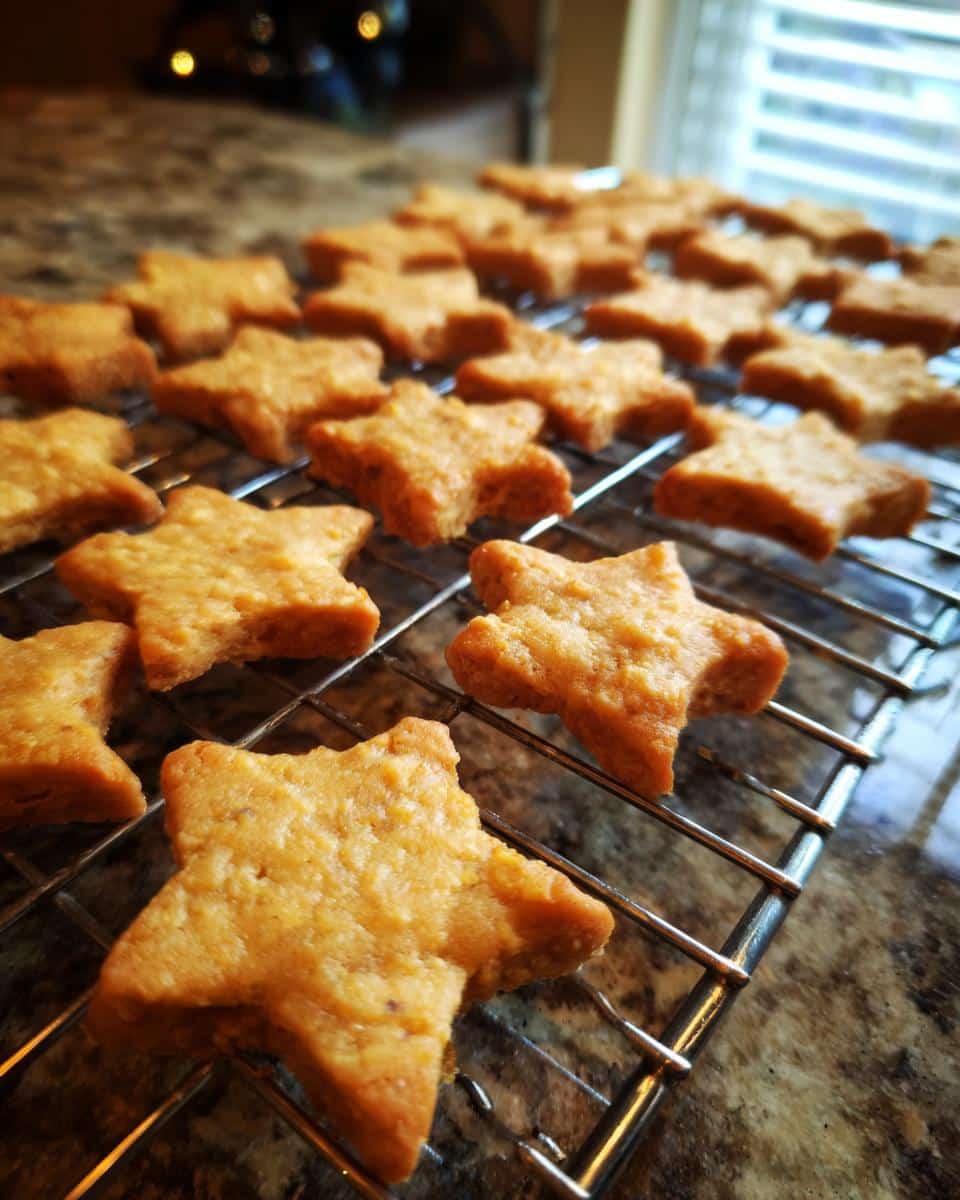 Freshly baked star-shaped Peanut Butter and Honey Dog Treats cooling on a wire rack.