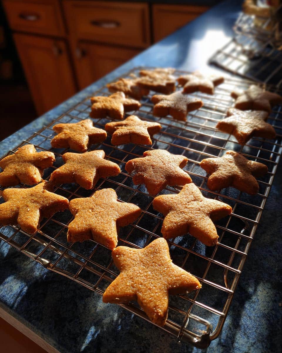 Freshly baked star-shaped Peanut Butter and Honey Dog Treats cooling on a wire rack.