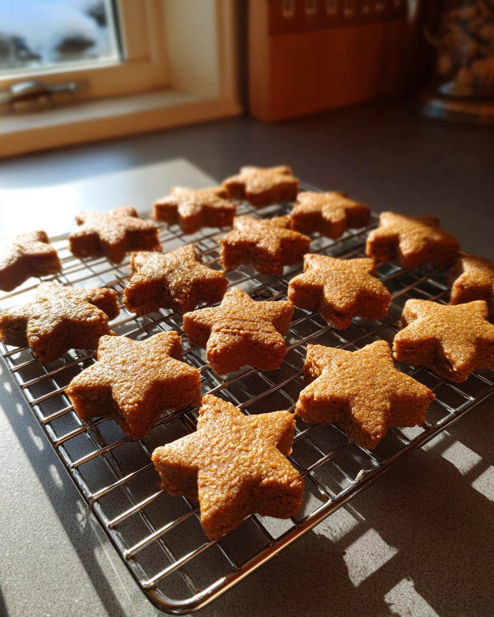 Freshly baked star-shaped Peanut Butter and Honey Dog Treats cooling on a wire rack.