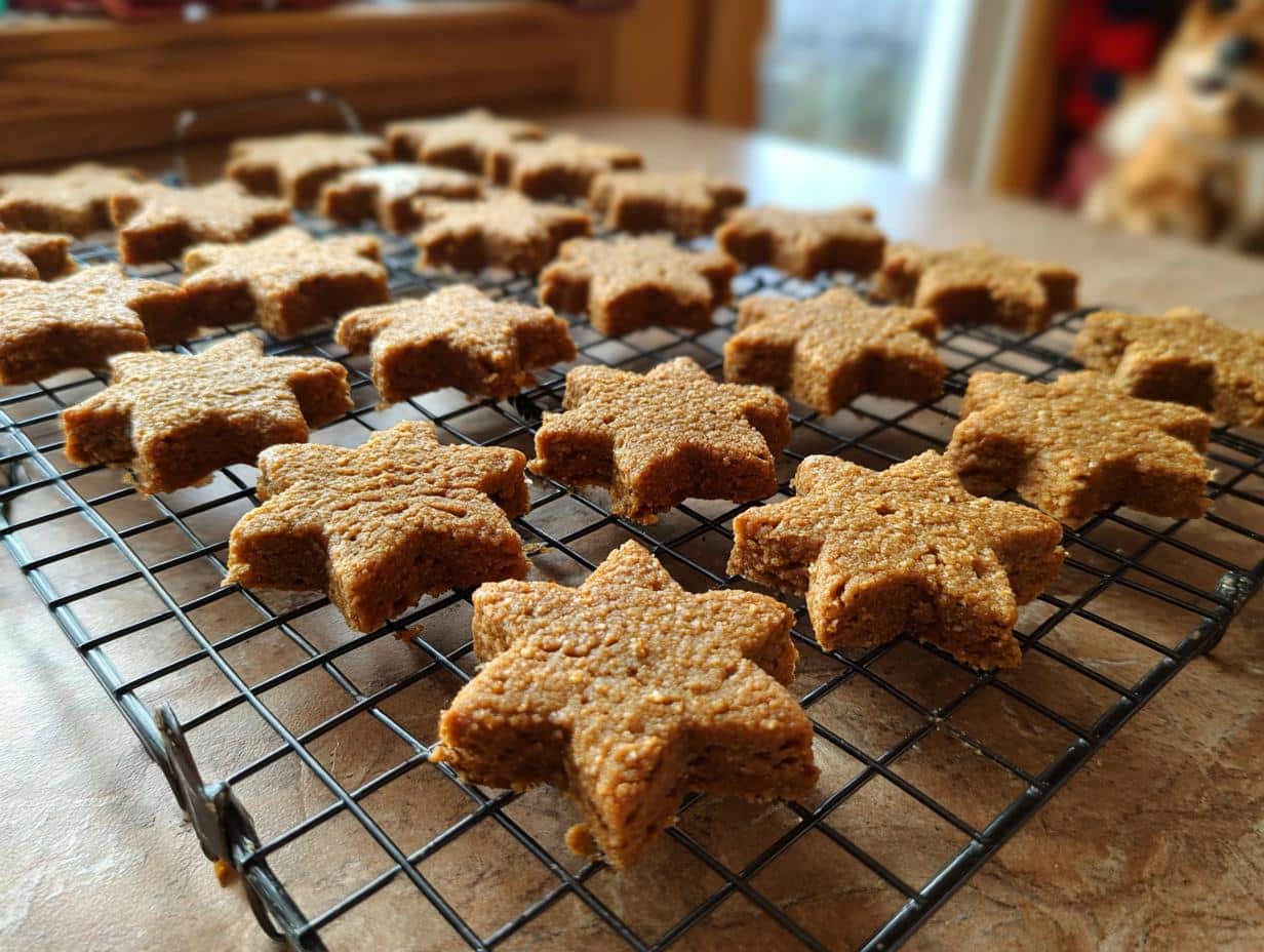 Freshly baked star-shaped Peanut Butter and Honey Dog Treats cooling on a wire rack.