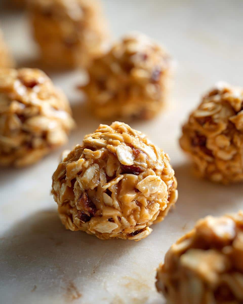 A pile of homemade Peanut Butter & Oatmeal No Bake Dog Treats on a marble surface, ready to be served.
