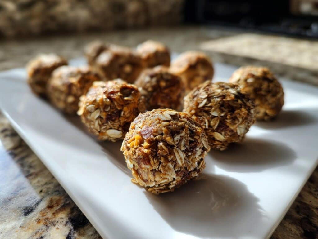 A white plate of homemade Peanut Butter & Oatmeal No Bake Dog Treats, ready to be served.