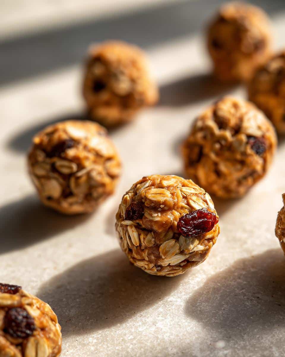 Close-up of Peanut Butter & Oatmeal No Bake Dog Treats with oats and raisins.