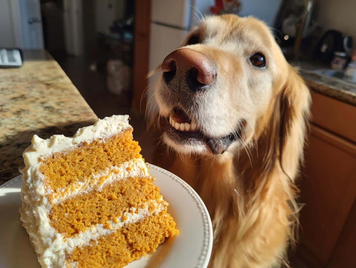 Golden Retriever looking at a slice of Peanut Butter Pumpkin Cake. Recipe for Dogs.