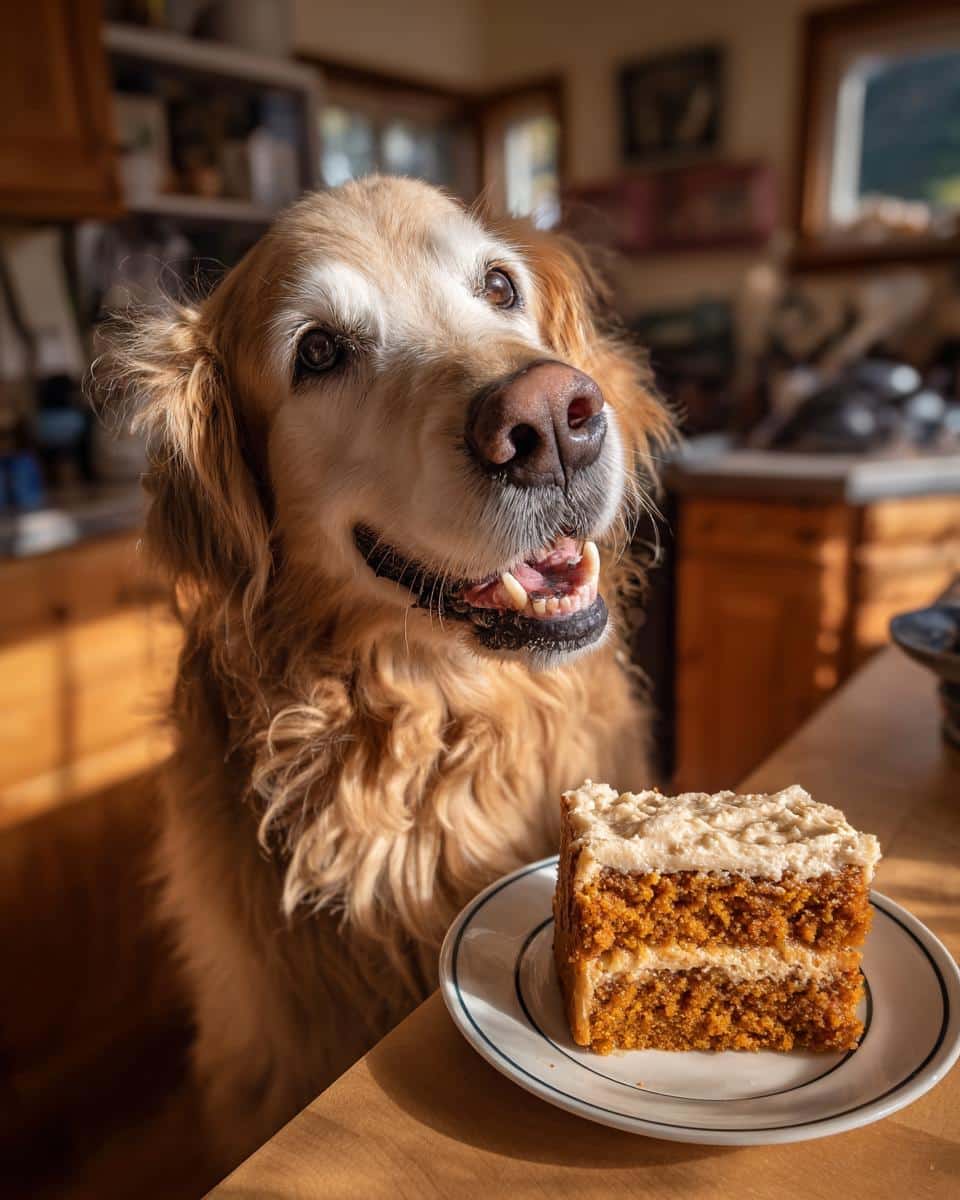 Golden Retriever eagerly awaits a slice of Peanut Butter Pumpkin Cake. Recipe for Dogs.