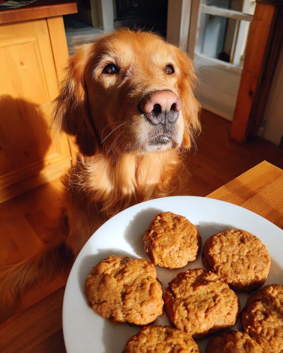 Golden Retriever dog looking longingly at a plate of Peanut Butter Pumpkin Cookies – Recipe for Dogs.