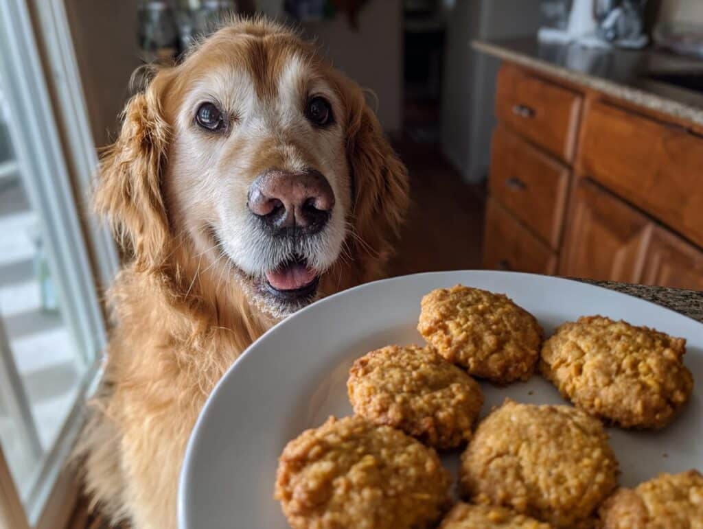 Golden retriever dog looking at a plate of Peanut Butter Pumpkin Cookies – Recipe for Dogs.