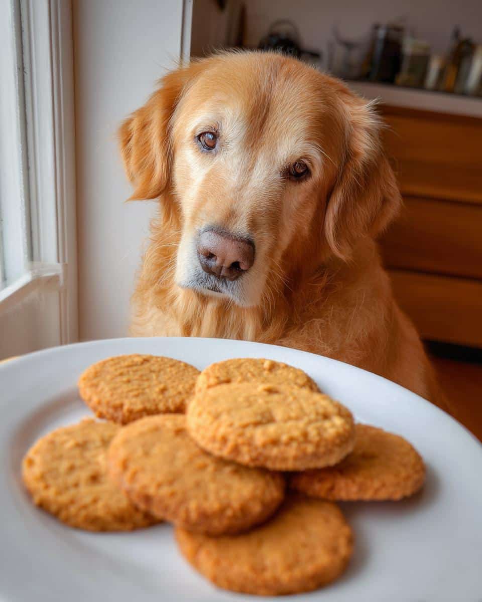 Golden retriever dog looking at a plate of Peanut Butter Pumpkin Cookies. Recipe for Dogs.