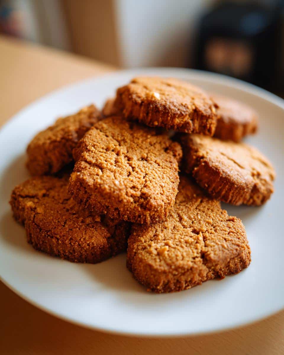 A pile of freshly baked Peanut Butter Pumpkin Baked Dog Treats on a white plate.