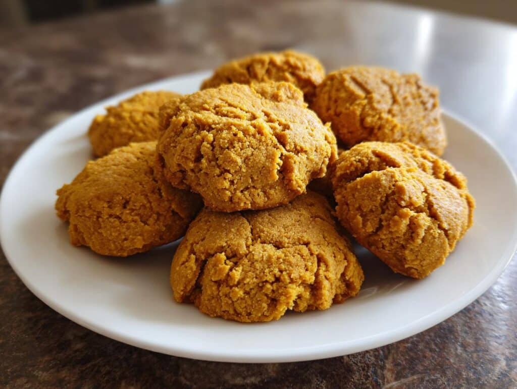 A plate of freshly baked Peanut Butter Pumpkin Baked Dog Treats, ready to be served.