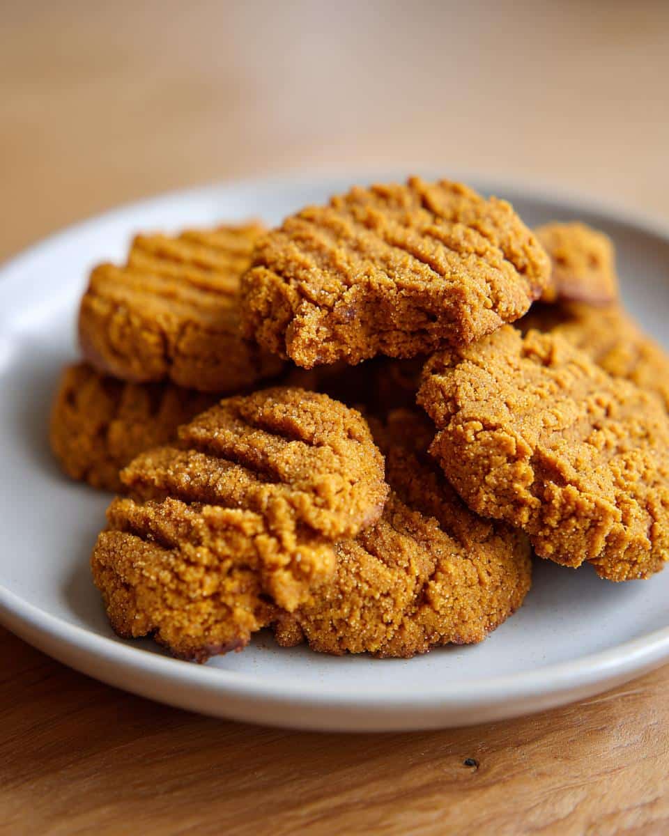 A stack of Peanut Butter Pumpkin Baked Dog Treats on a plate, showing their textured tops and golden-brown color.