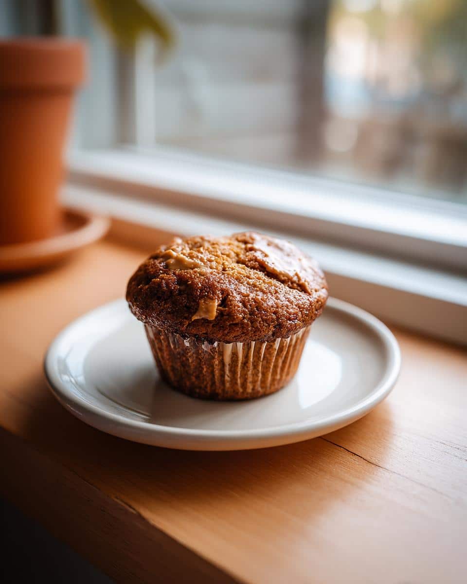 A single peanut butter pupcake in a paper liner sits on a small white plate, ready to be enjoyed.
