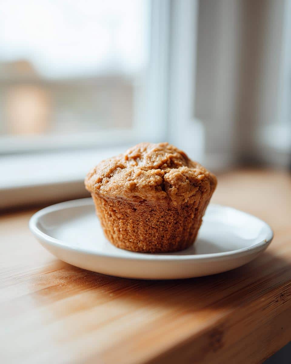A single peanut butter pupcake on a white plate, sitting on a wooden surface near a window.