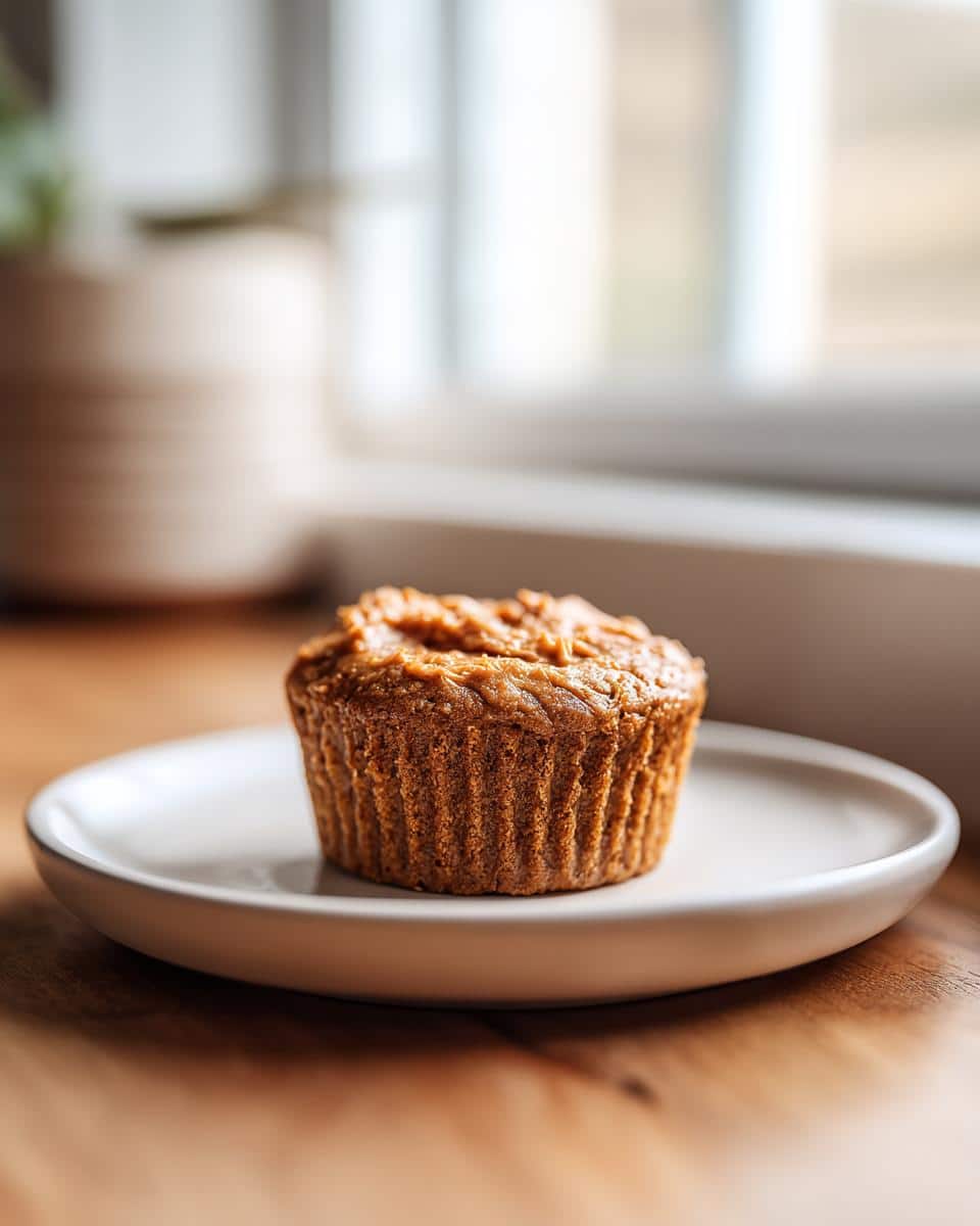A single peanut butter pupcake sits on a white plate, ready to be enjoyed by your furry friend.