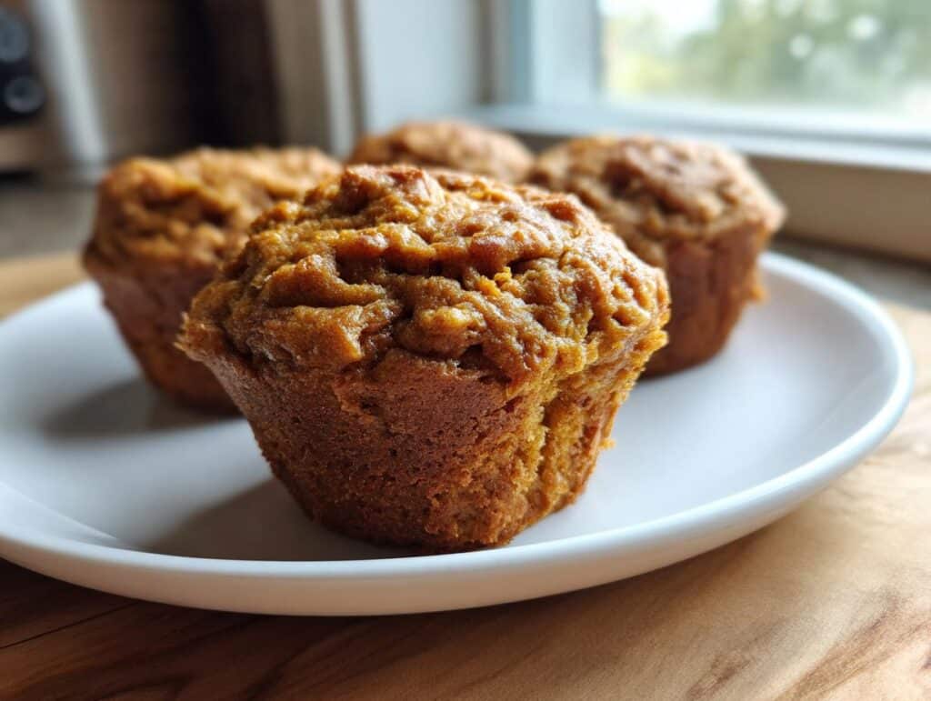 Four freshly baked Peanut Butter Pupcakes arranged on a white plate, ready to be enjoyed.