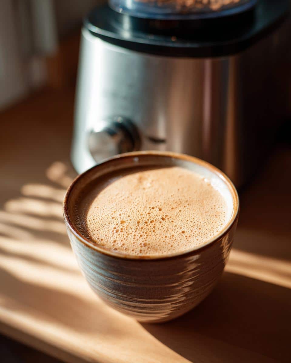 A bowl of Peanut Butter Smoothie Recipe for Dogs, with a blender in the background.
