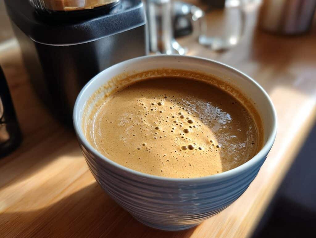 A bowl of Peanut Butter Smoothie for Dogs, showing a smooth, creamy texture and light brown color.