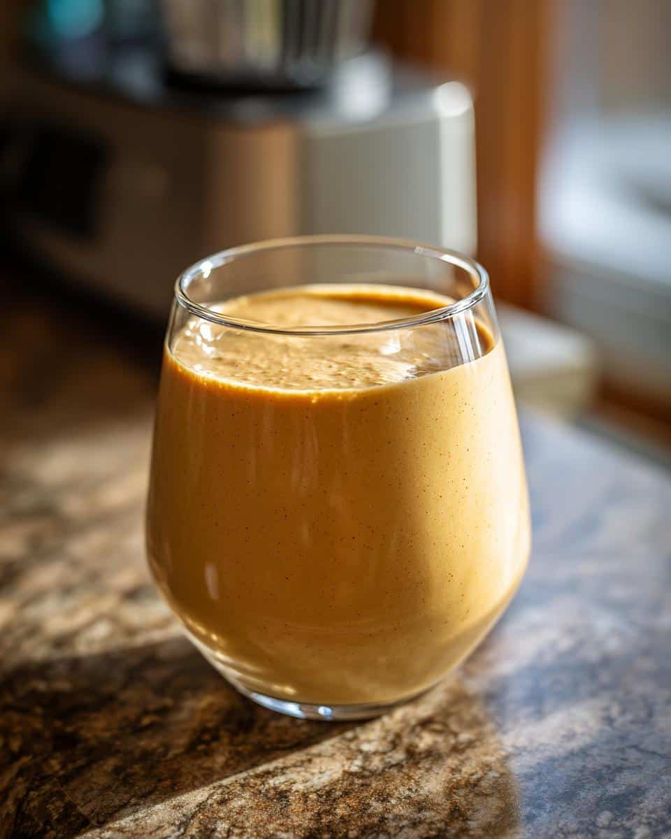 A glass filled with a creamy Peanut Butter Smoothie Recipe for Dogs, ready to serve.