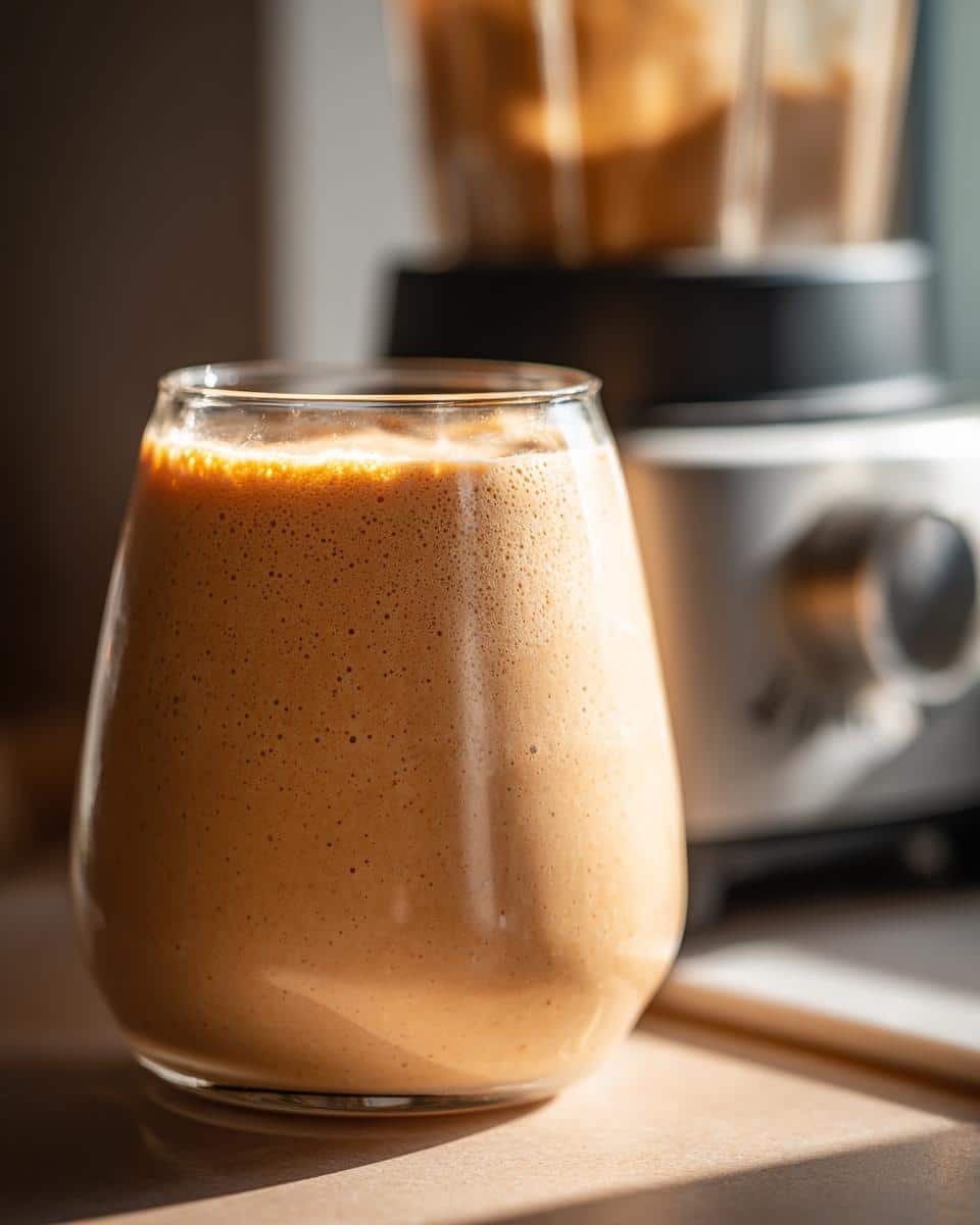 A glass filled with a creamy Peanut Butter Smoothie Recipe for Dogs, with a blender in the background.