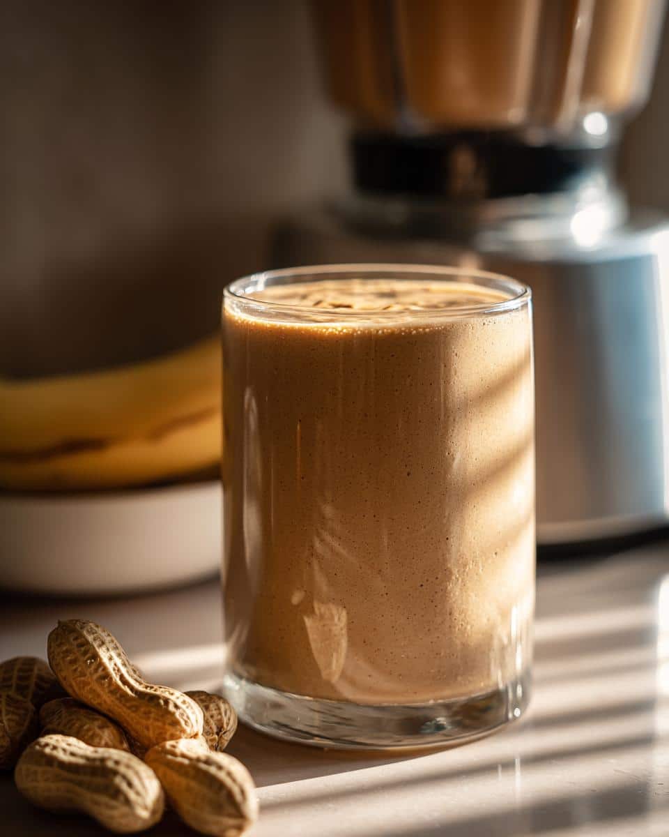 A glass of creamy Peanut Butter Smoothie Recipe for Dogs, with peanuts and a banana in the background.