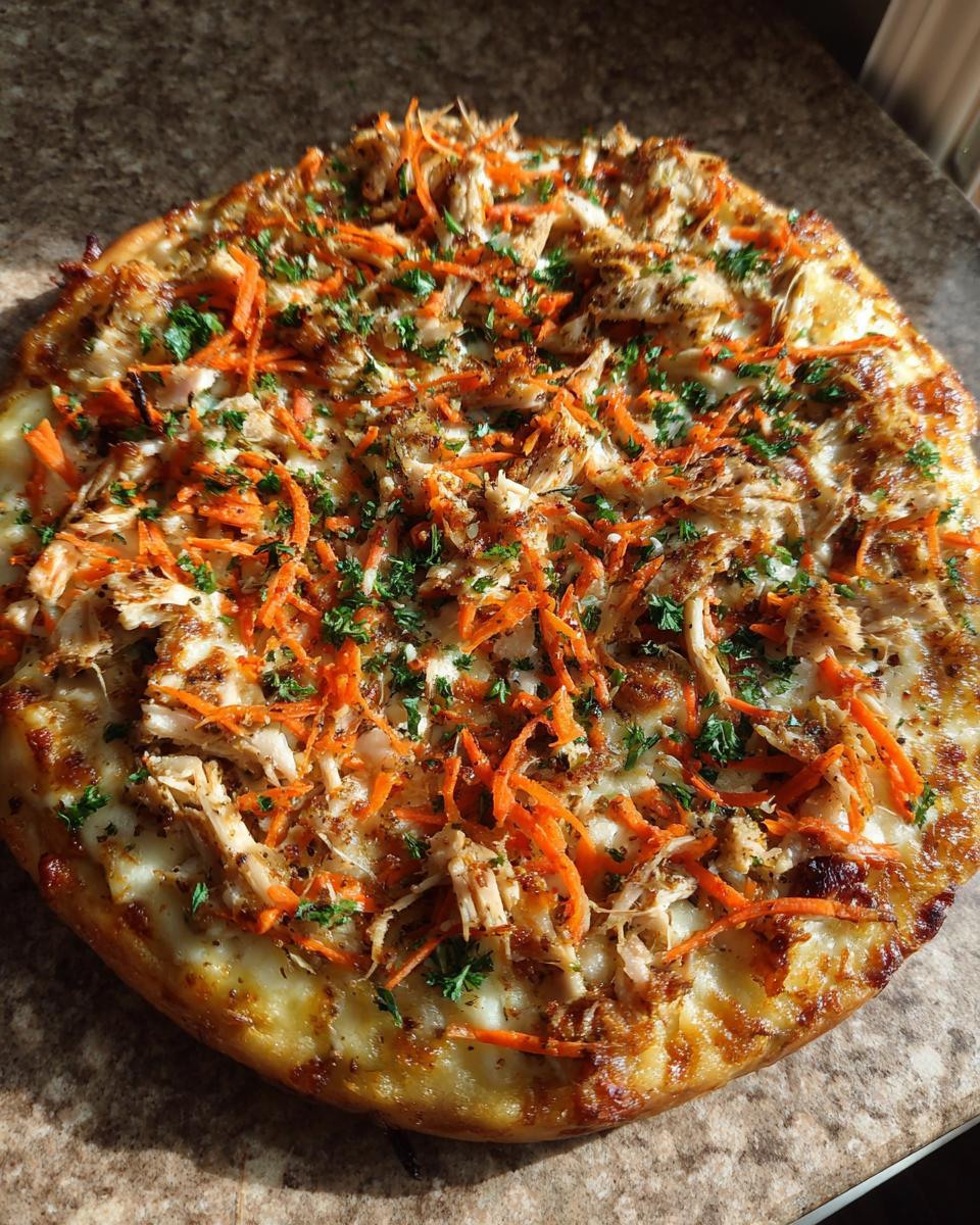 A freshly baked Pizza Recipe for Dogs, topped with chicken, carrots, and parsley.