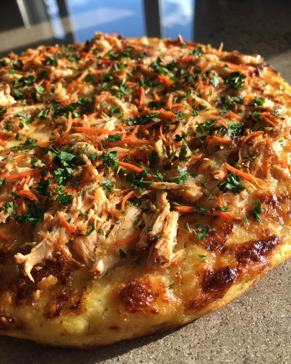 Close-up of a freshly baked Pizza Recipe for Dogs, topped with chicken, carrots, and parsley.
