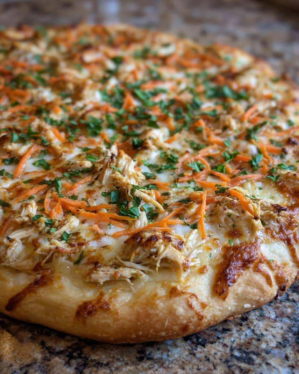 Close-up of a homemade Pizza Recipe for Dogs, featuring chicken, carrots, and parsley toppings on a golden crust.