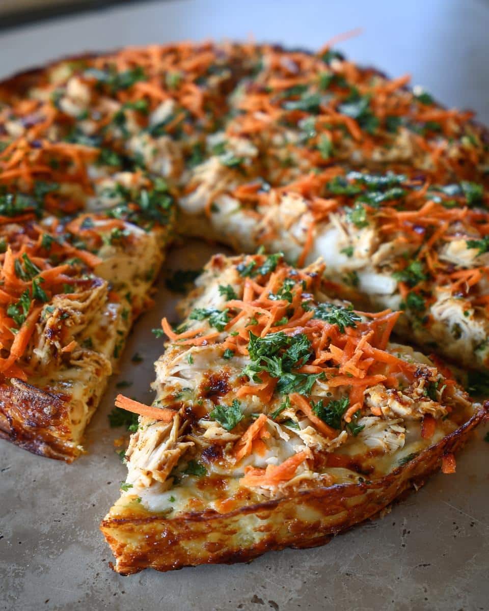 A slice of homemade Pizza Recipe for Dogs, topped with chicken, carrots, and parsley.