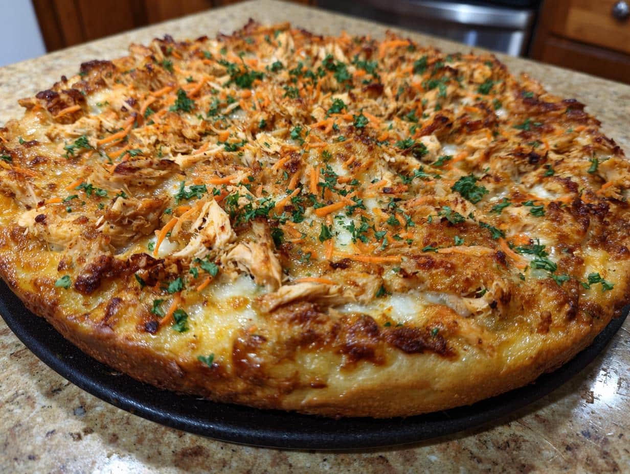 A homemade Pizza Recipe for Dogs, topped with chicken, carrots, and parsley.