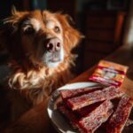 A dog looks longingly at a plate of Potato & Chicken Jerky Strips. Treats for dogs.