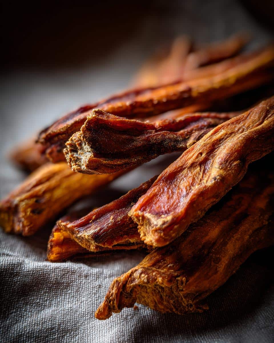 Close-up of homemade Potato & Chicken Jerky Strips for Dogs, dehydrated and ready to eat.