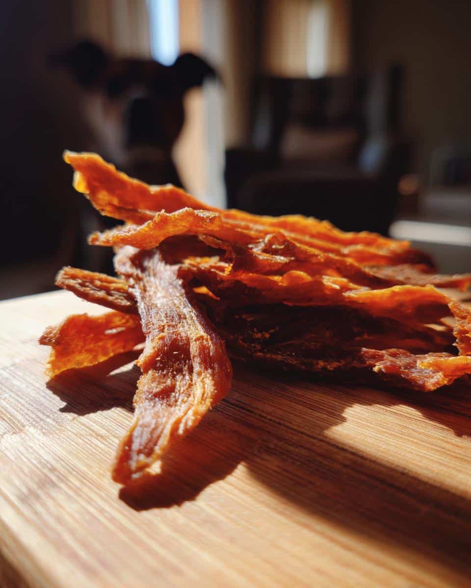 Close-up of homemade Potato & Chicken Jerky Strips – Recipe for Dogs, on a wooden board.