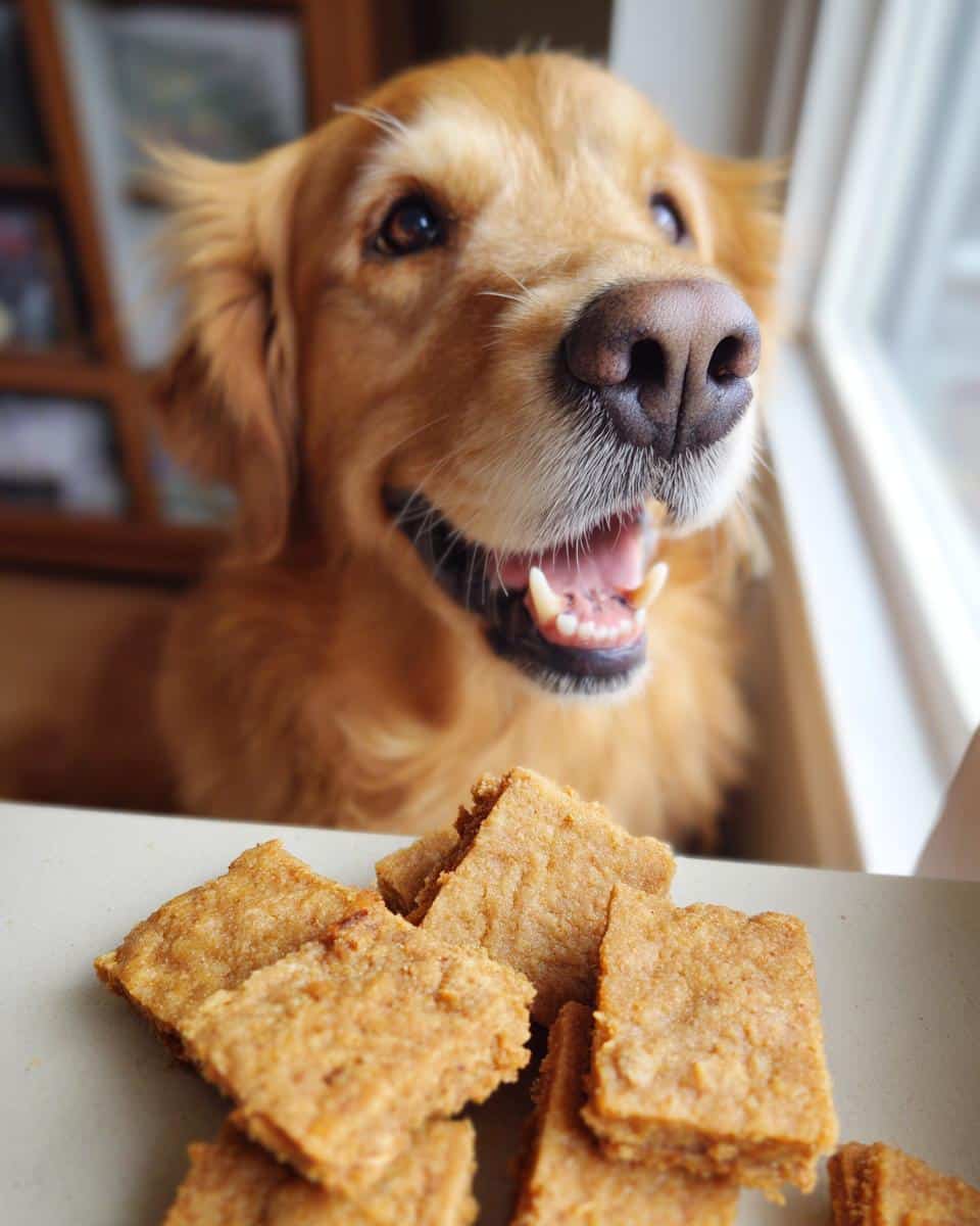 Golden Retriever looking at a plate of Pumpkin & Apple Bites – Recipe for Dogs.