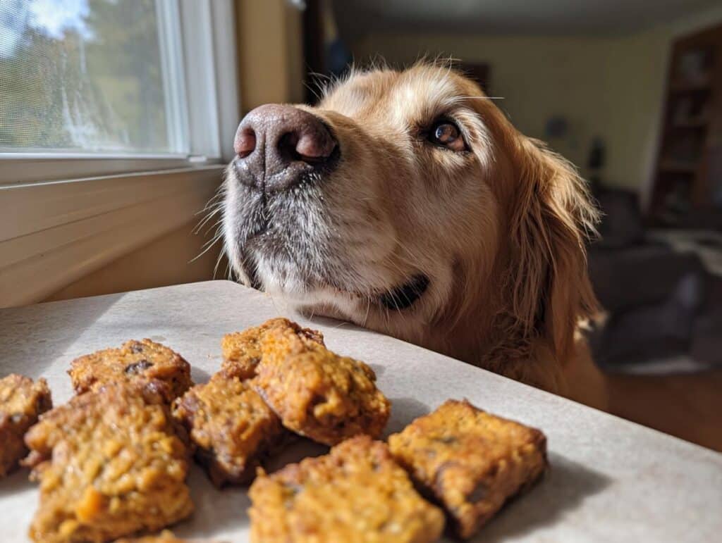 Golden Retriever dog looking longingly at a batch of Pumpkin & Apple Bites. Recipe for Dogs.
