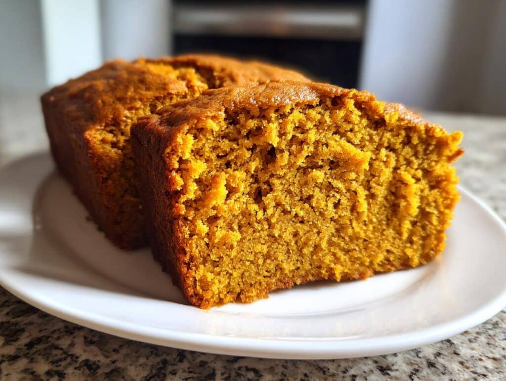 Close-up of a freshly baked Pumpkin Cake Recipe for Dogs, sliced and served on a white plate.