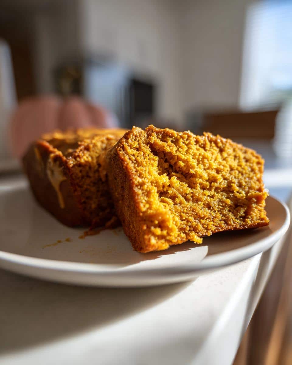 A slice of homemade Pumpkin Cake Recipe for Dogs on a white plate, showing the moist texture.