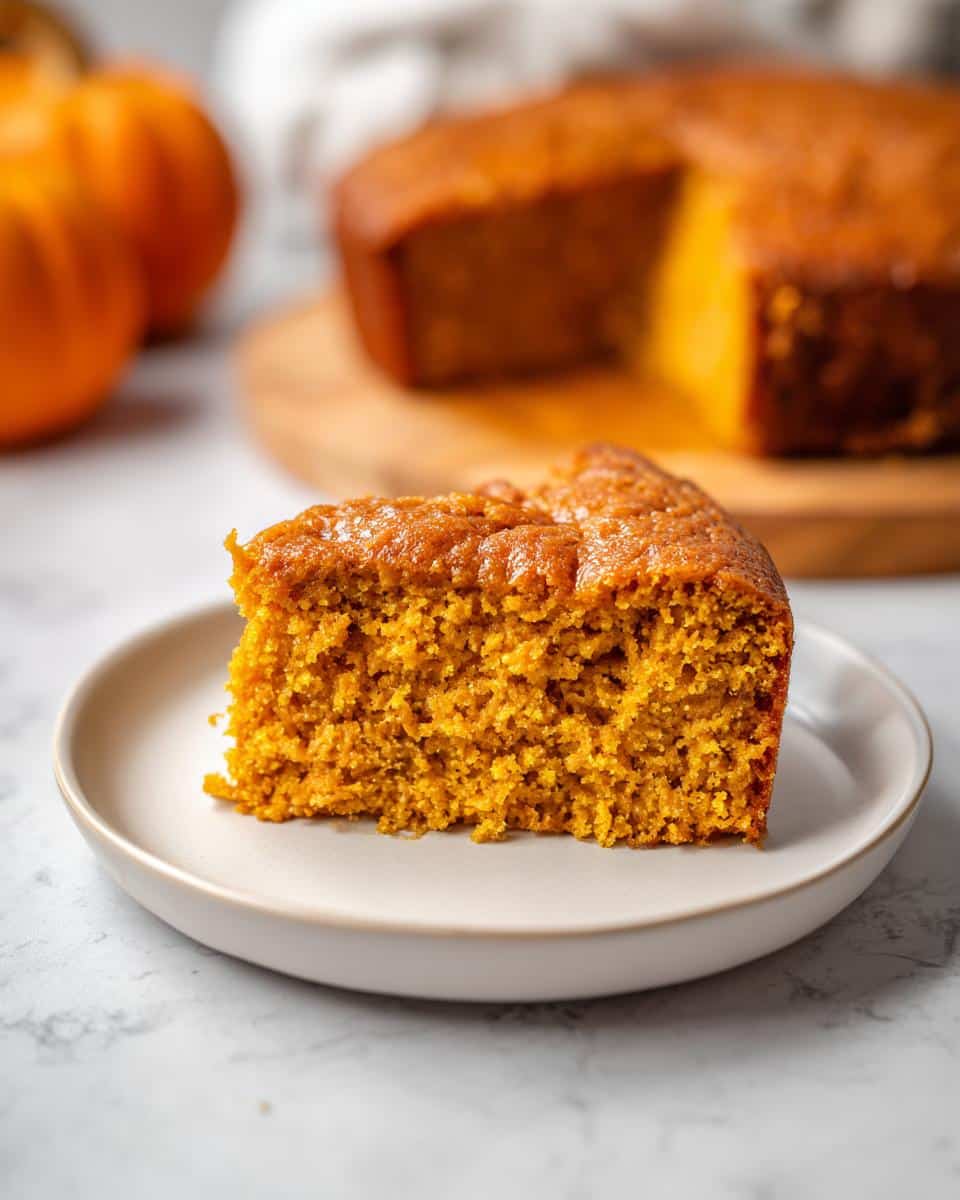 A slice of homemade Pumpkin Cake Recipe for Dogs on a white plate, lit by natural light.