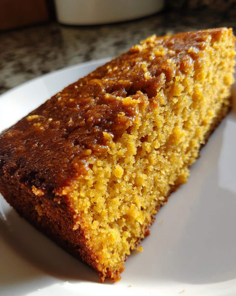 A slice of homemade Pumpkin Cake Recipe for Dogs on a white plate, showcasing its moist texture.