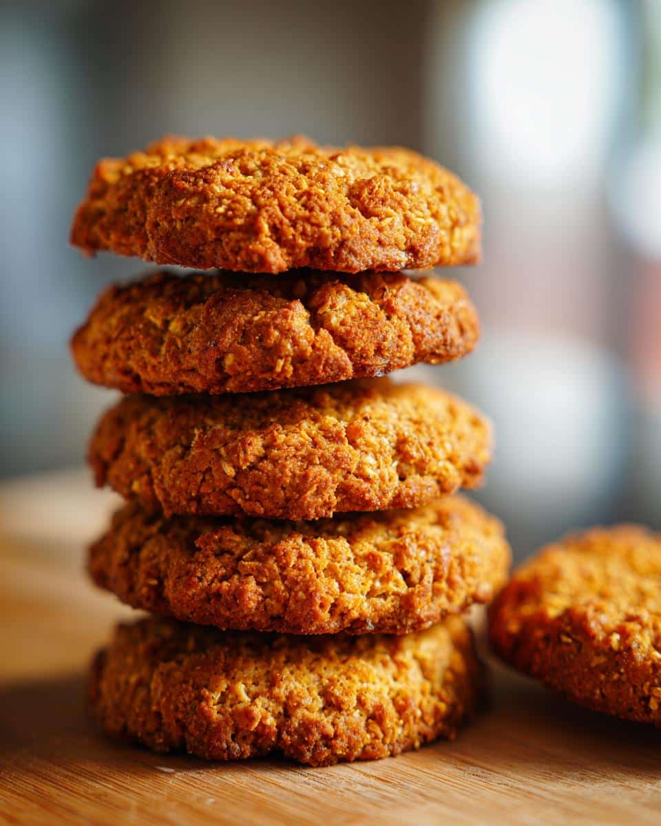 A stack of homemade Pumpkin & Chia Seed Treats for Dogs on a wooden surface, ready to be enjoyed.
