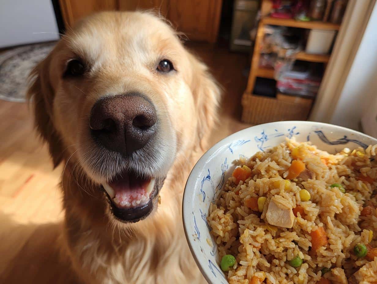 Golden retriever eagerly awaits a bowl of Pumpkin & Chicken Dog Food for Digestion.