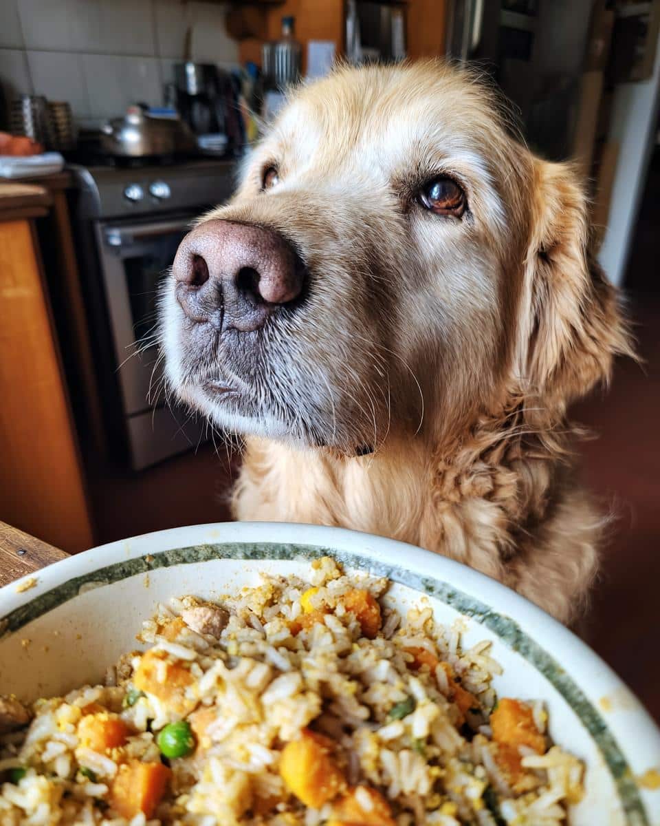 Golden Retriever looking longingly at a bowl of Pumpkin & Chicken Dog Food for Digestion.