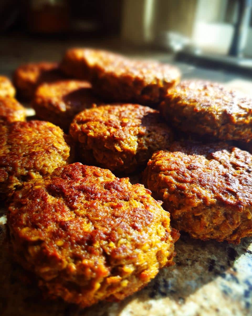 Close-up of a batch of freshly baked Pumpkin Oatmeal Dog Treats on a countertop.